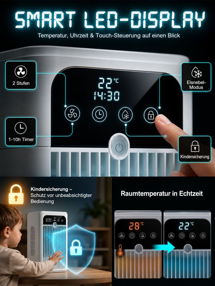 🔥 Schluss mit Sommerhitze! | 🧊 Eisnebel Mobiler Luftkühler mit LED-Display | 🌱 A+++ Eco-Sparmodus (Nur 0,1 kWh für 10 Std. Dauerbetrieb)