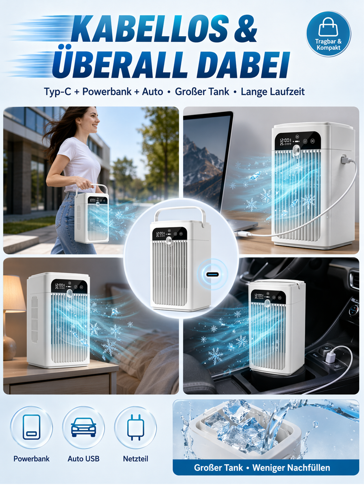 🔥 Schluss mit Sommerhitze! | 🧊 Eisnebel Mobiler Luftkühler mit LED-Display | 🌱 A+++ Eco-Sparmodus (Nur 0,1 kWh für 10 Std. Dauerbetrieb)