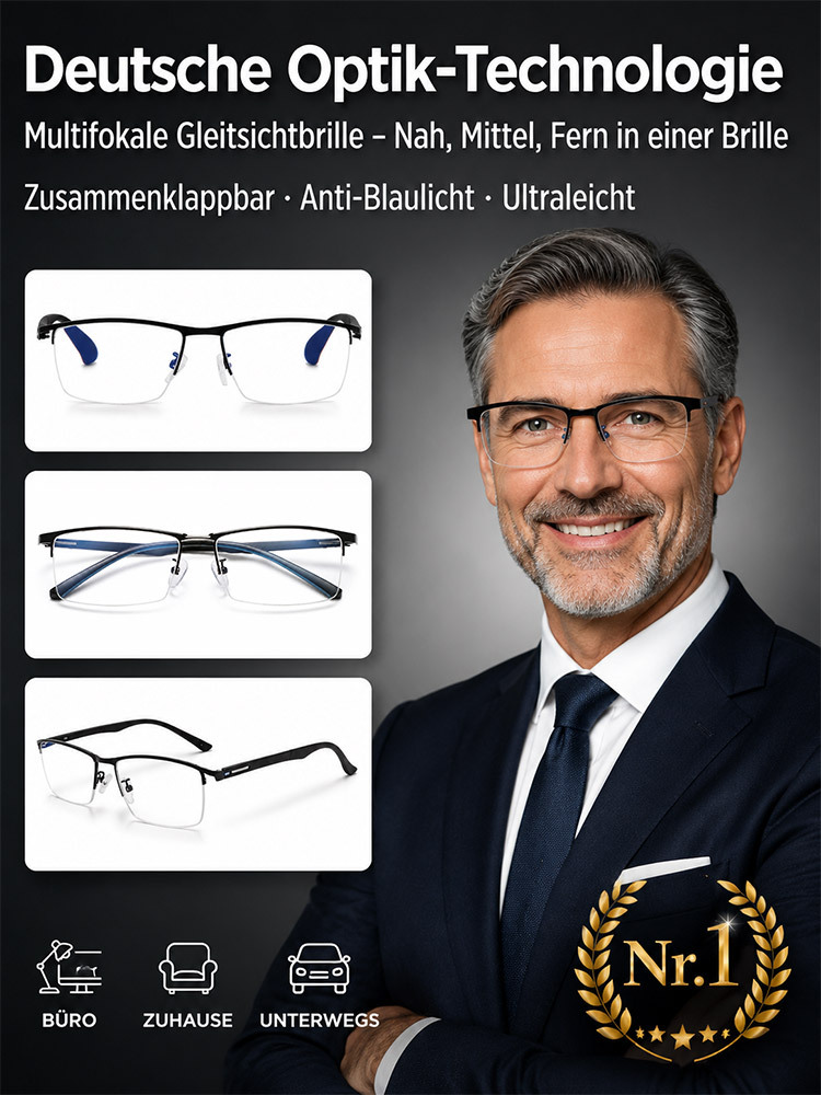🔥 Deutsche Optik-Technologie Multifokal-Brille | Fern, Mittel & Nah in einer Linse | Kratzfest, Ultraleicht & CE-Zertifiziert für PC & Lesen 📖