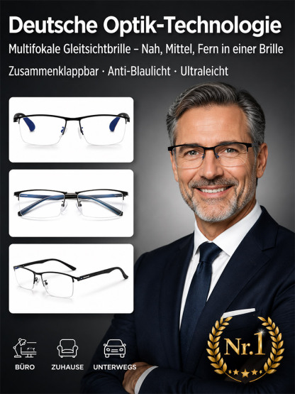 🔥 Deutsche Optik-Technologie Multifokal-Brille | Fern, Mittel & Nah in einer Linse | Kratzfest, Ultraleicht & CE-Zertifiziert für PC & Lesen 📖