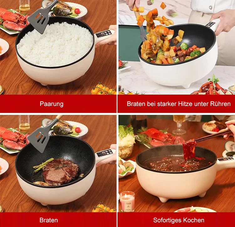 Schluss mit dem Küchen-Chaos! Ein Topf für all Ihre Koch-Träume. 🍳Der Retter für kleine Küchen: Dämpfen, Kochen, Braten – nur eine Steckdose nötig. 🏠Smarte Temperaturkontrolle: Perfekte Ergebnisse, ganz ohne Anbrennen. ✨
