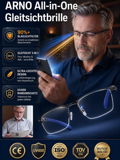 🔥 Deutsche Optik-Technologie Multifokal-Brille | Fern, Mittel & Nah in einer Linse | Kratzfest, Ultraleicht & CE-Zertifiziert für PC & Lesen 📖