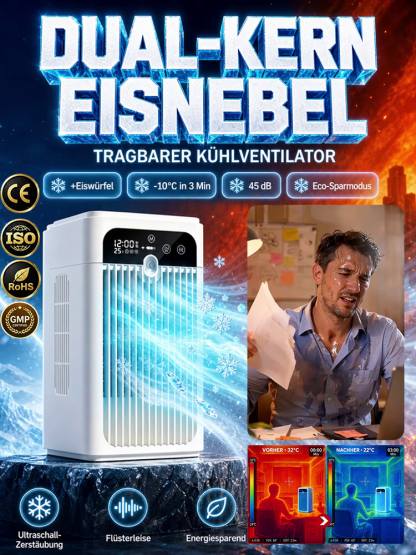 🔥 Schluss mit Sommerhitze! | 🧊 Eisnebel Mobiler Luftkühler mit LED-Display | 🌱 A+++ Eco-Sparmodus (Nur 0,1 kWh für 10 Std. Dauerbetrieb)