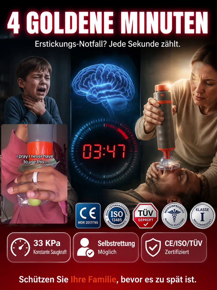 Lebensrettendes Notfall-Absauggerät | 33 KPa Unterdruck-Technologie | Sichern Sie Ihr Zuhause sofort ab