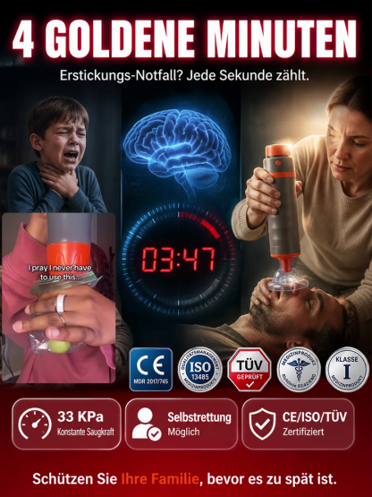 Lebensrettendes Notfall-Absauggerät | 33 KPa Unterdruck-Technologie | Sichern Sie Ihr Zuhause sofort ab