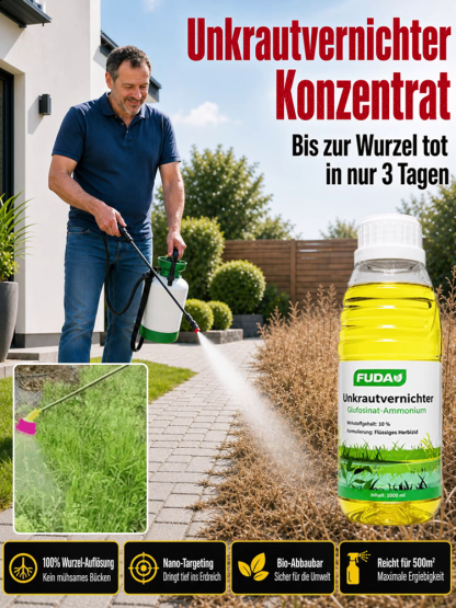 FUDA 10% Nano-Wurzel-Zerstörer Konzentrat – Biologisch abbaubarer Unkrautvernichter bis 10cm Tiefe [TÜV Geprüft & 100% Geld-Zurück-Garantie] – 1 Flasche reicht für 500m²!