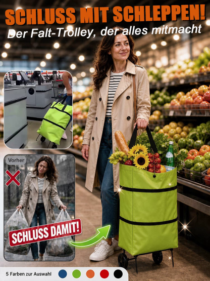 2-in-1 Klappbarer Einkaufstrolley mit Flüsterrollen (<45 dB) – Bis zu 100 kg Tragkraft – 50% Einführungsrabatt!