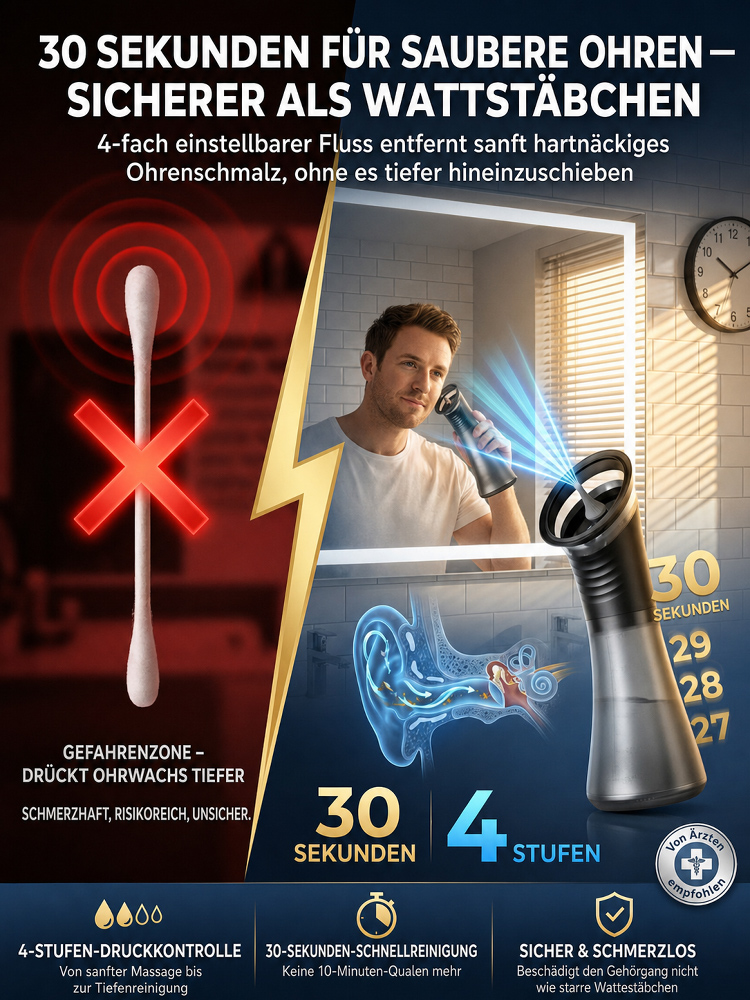 Klinisch getesteter 5-Loch-Ohrenreiniger [CE-Zertifiziert & USA-Design] – Sichere Ohrenspülung in 30 Sekunden. Stoppen Sie gefährliche Wattestäbchen!