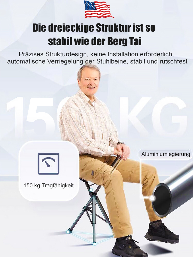 Wandern ohne Grenzen! Setzen Sie sich einfach, wann immer Sie wollen. 🌲Stabiler Gehstock & bequemer Sitz in einem. Belastbar bis 150 kg! 🛡️Schluss mit schweren Beinen – Ihre „mobile Parkbank“ ist immer dabei. 🛋️