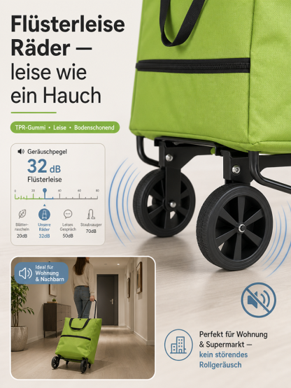 2-in-1 Klappbarer Einkaufstrolley mit Flüsterrollen (<45 dB) – Bis zu 100 kg Tragkraft – 50% Einführungsrabatt!