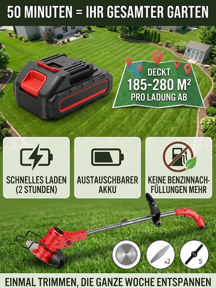 [Mühelose Freiheit] 🏡 Premium Akku-Rasentrimmer 1,1kg Leichtgewicht | 9000 U/min Bürstenloser Motor, Flüsterleise ≤60dB & Klappbares Design für die mühelose Rasenpflege