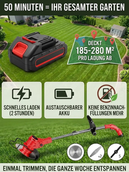 [Mühelose Freiheit] 🏡 Premium Akku-Rasentrimmer 1,1kg Leichtgewicht | 9000 U/min Bürstenloser Motor, Flüsterleise ≤60dB & Klappbares Design für die mühelose Rasenpflege