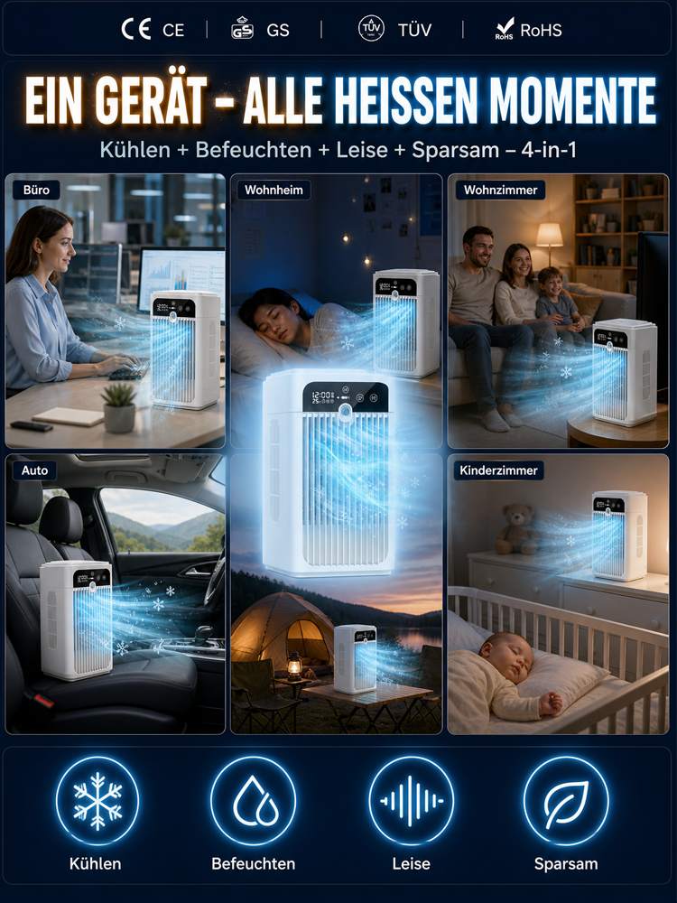 🔥 Schluss mit Sommerhitze! | 🧊 Eisnebel Mobiler Luftkühler mit LED-Display | 🌱 A+++ Eco-Sparmodus (Nur 0,1 kWh für 10 Std. Dauerbetrieb)