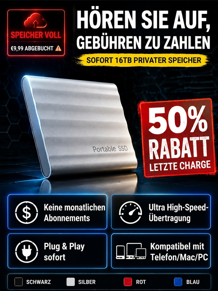 16TB Portable SSD (1GB/s High-Speed) – Cloud-Speicher ersetzen, 0 € Cloud-Gebühren (50% Rabatt Letzte Charge)