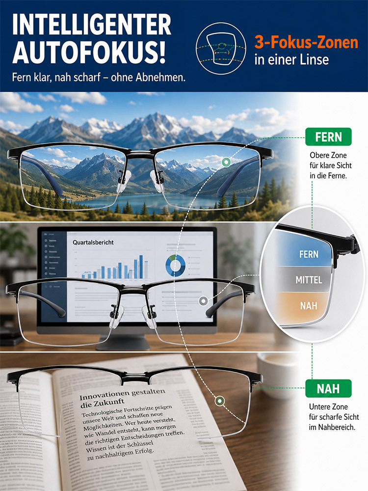 🔥 Deutsche Optik-Technologie Multifokal-Brille | Fern, Mittel & Nah in einer Linse | Kratzfest, Ultraleicht & CE-Zertifiziert für PC & Lesen 📖