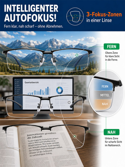 🔥 Deutsche Optik-Technologie Multifokal-Brille | Fern, Mittel & Nah in einer Linse | Kratzfest, Ultraleicht & CE-Zertifiziert für PC & Lesen 📖