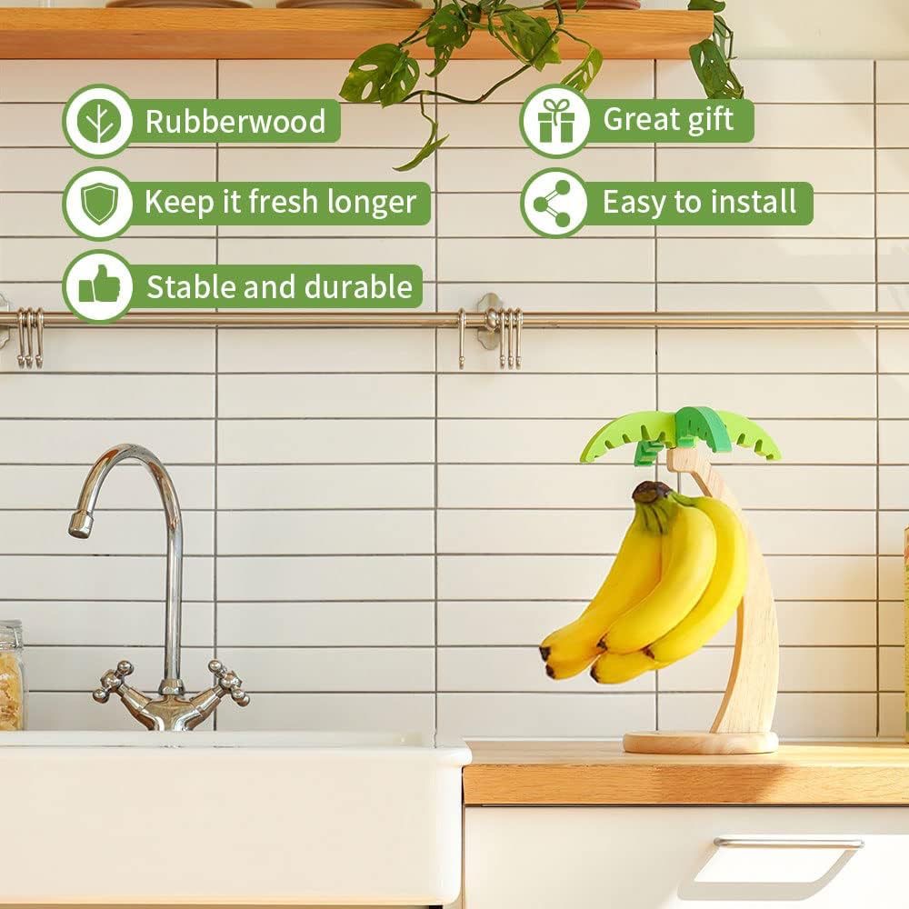 New Style Wooden Banana Hanger - Wall-Mounted Kitchen Organizer with Faux Leaf Decoration, Freestanding Fruit Rack with Hooks