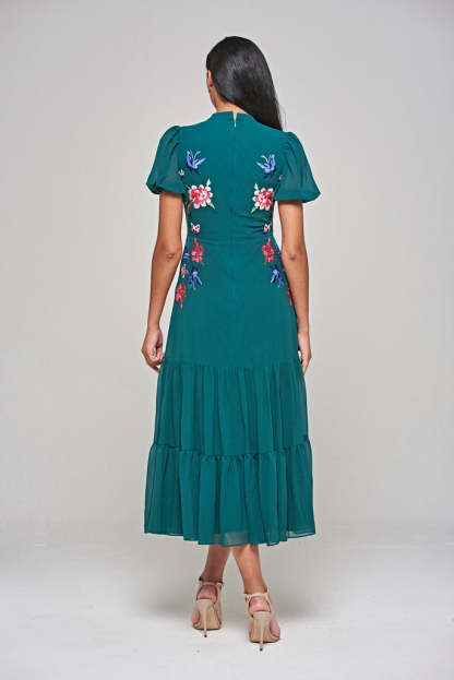 Green Floral Embroidered Midi Dress
