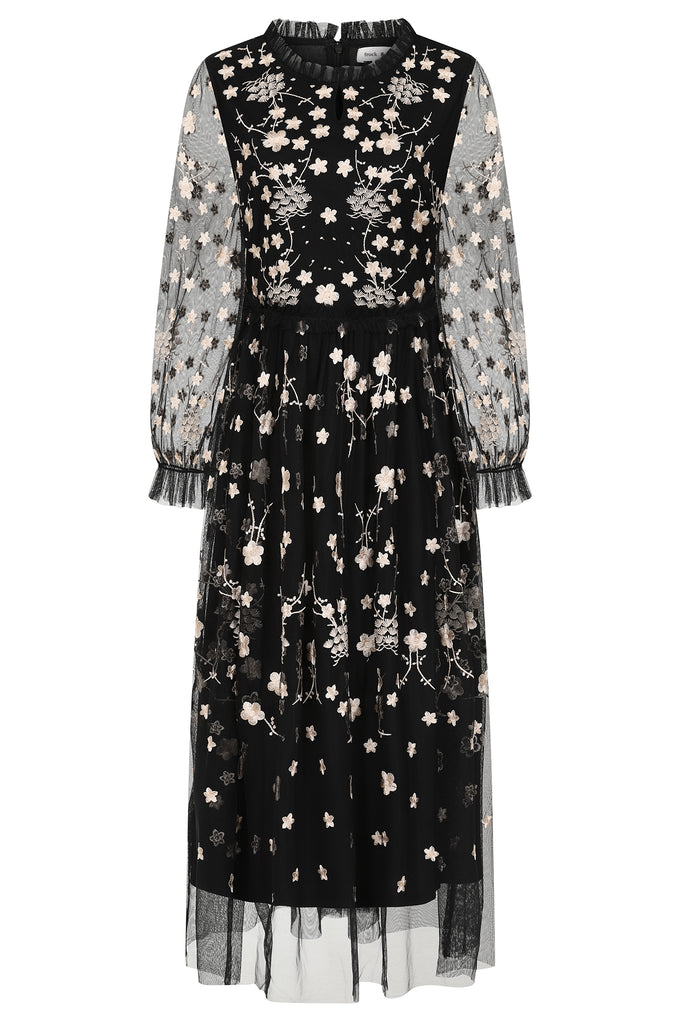 Black Floral Embroidered Midi Dress