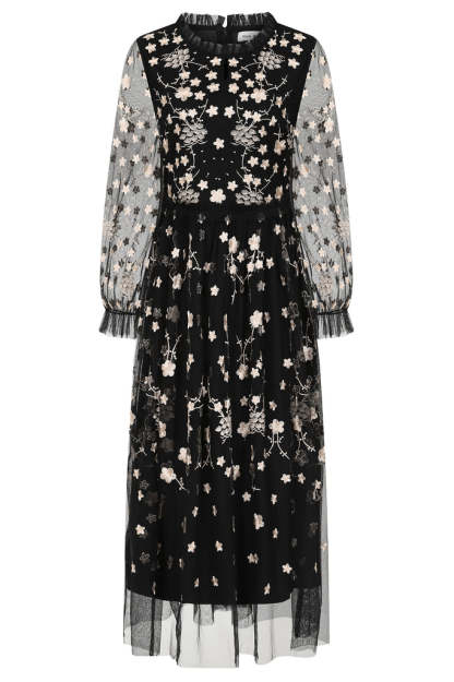 Black Floral Embroidered Midi Dress