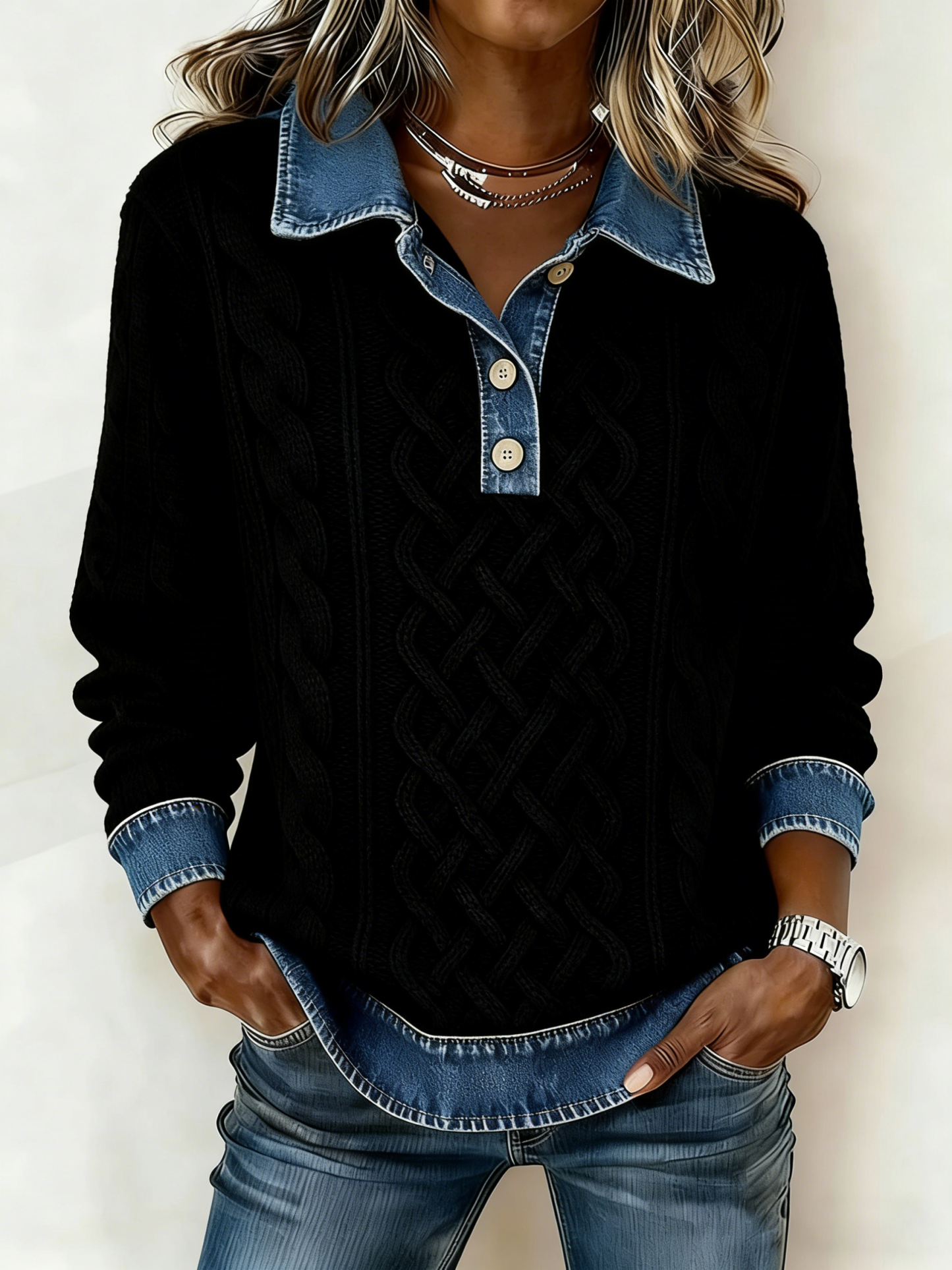 Clearance Sale! 🔥 Women's Cashmere Knit Collared Denim Top