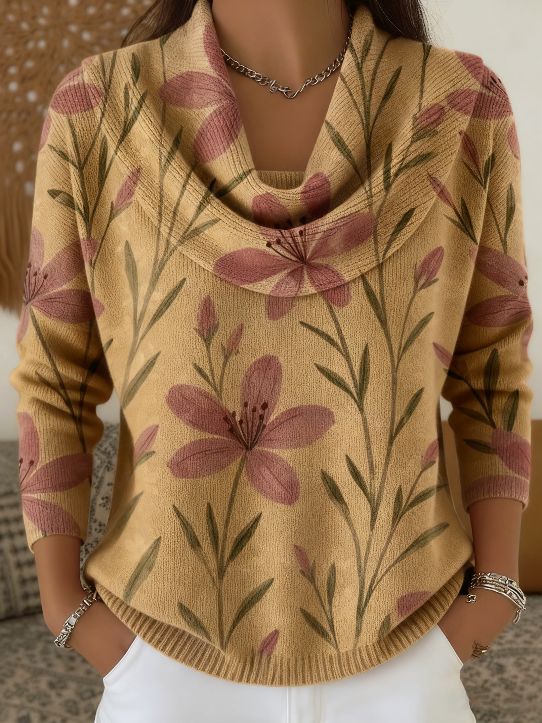 🎄Clearance Sale🔥 Retro Elegant Floral Pattern Women's Casual Long-Sleeved Collar Sweater