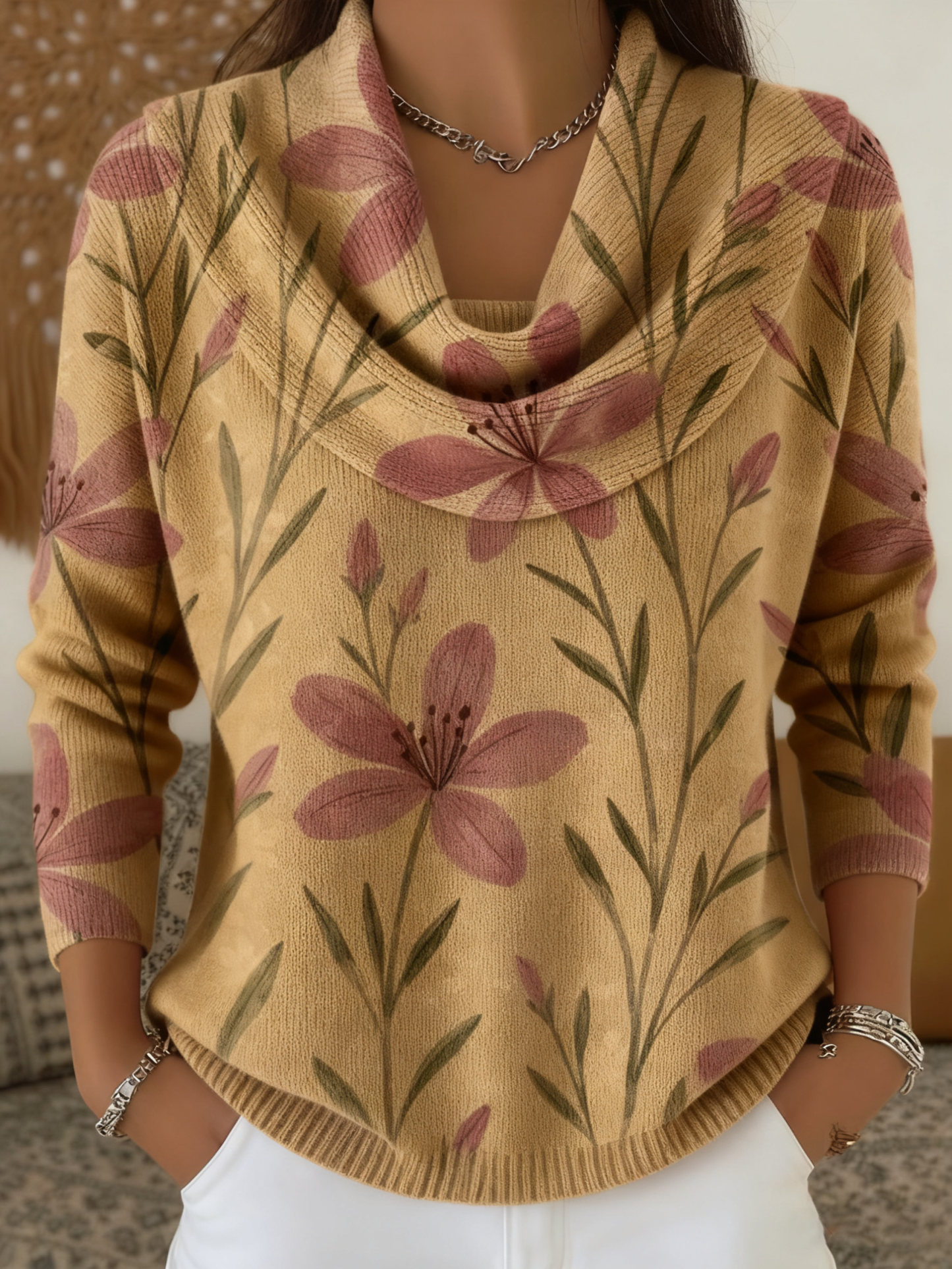 🎄Clearance Sale🔥 Retro Elegant Floral Pattern Women's Casual Long-Sleeved Collar Sweater