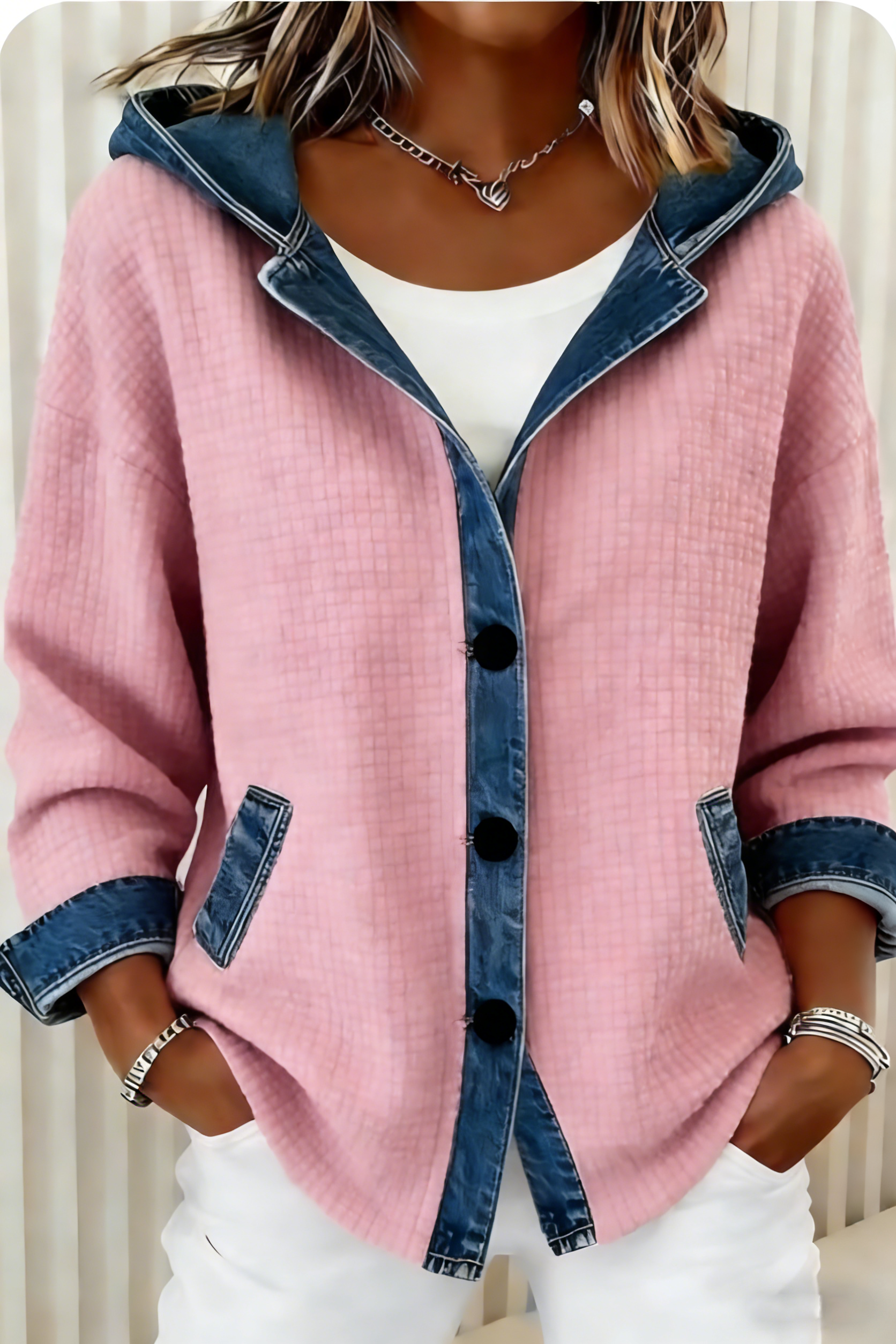 Clearance Sale 🔥 Women's Vintage Waffle Knit and Denim Patchwork Hooded Cardigan
