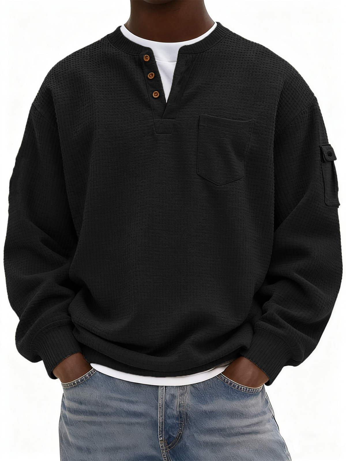Men's Waffle Knit Henley with Pockets