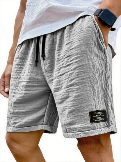 Men's Wrinkled Linen Breathable Resort Casual Embroidered Label Shorts