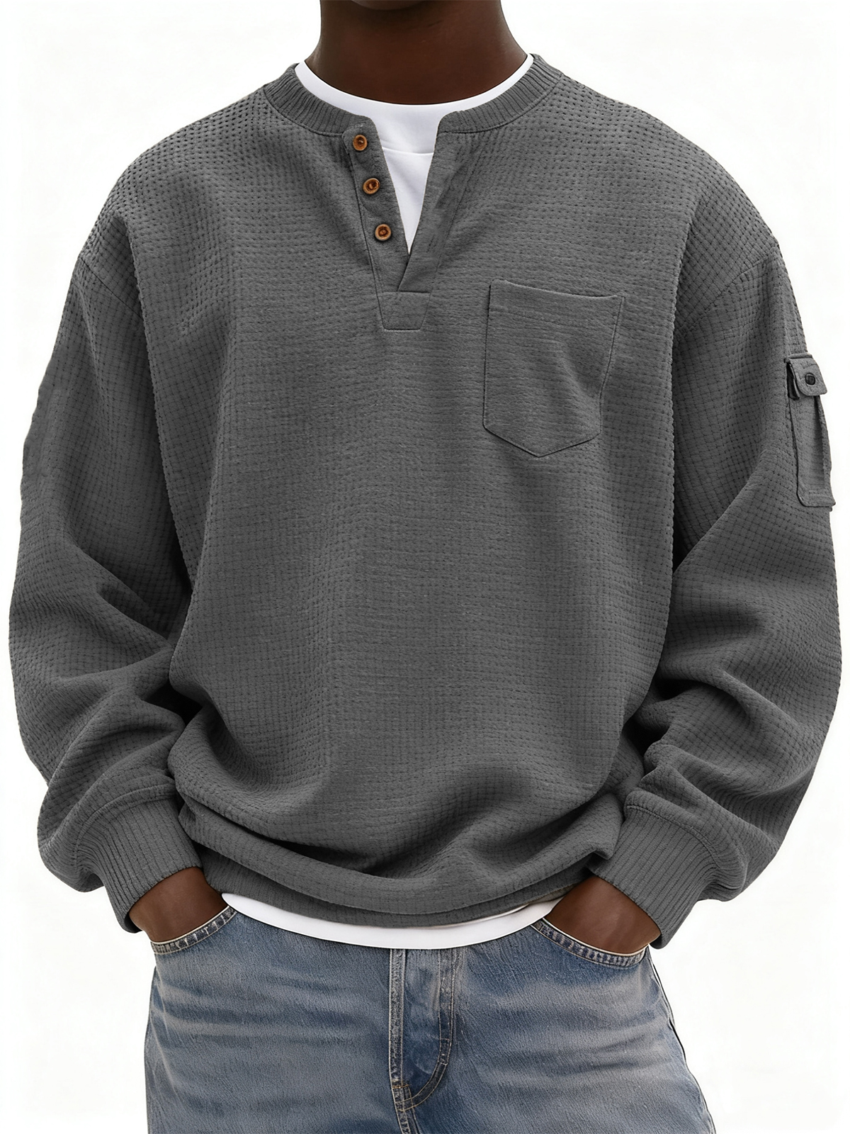 Men's Waffle Knit Henley with Pockets