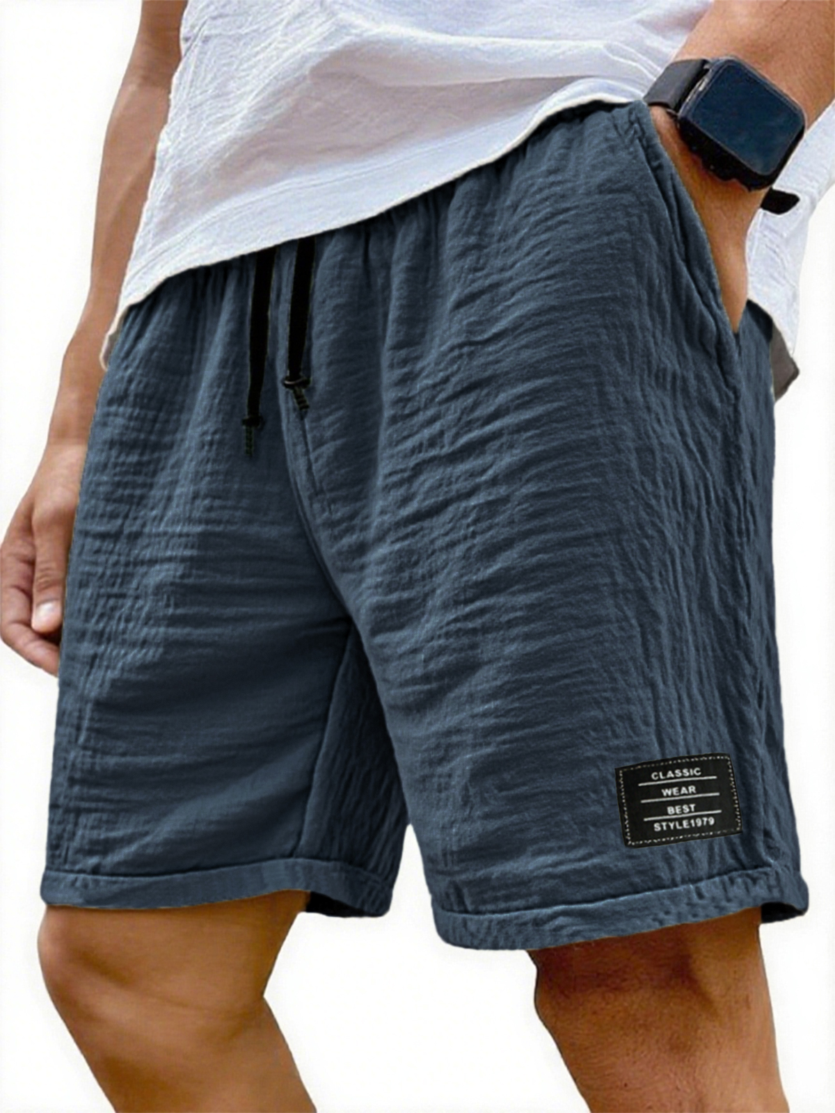 Men's Wrinkled Linen Breathable Resort Casual Embroidered Label Shorts