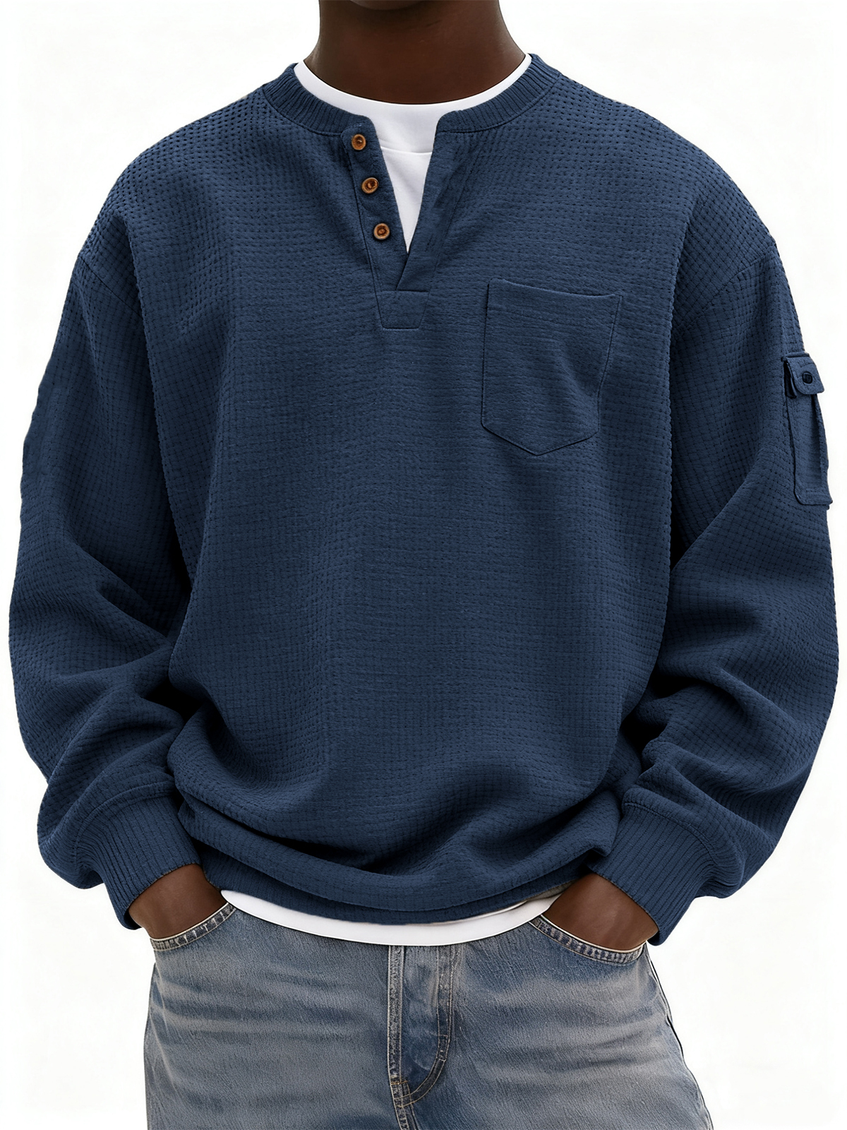 Men's Waffle Knit Henley with Pockets