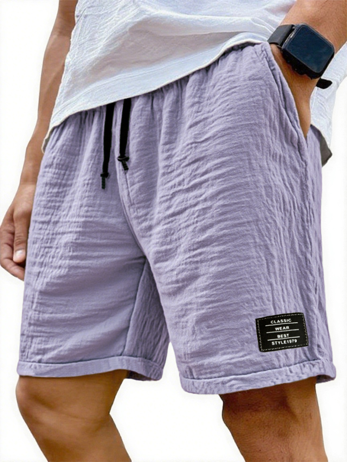 Men's Wrinkled Linen Breathable Resort Casual Embroidered Label Shorts