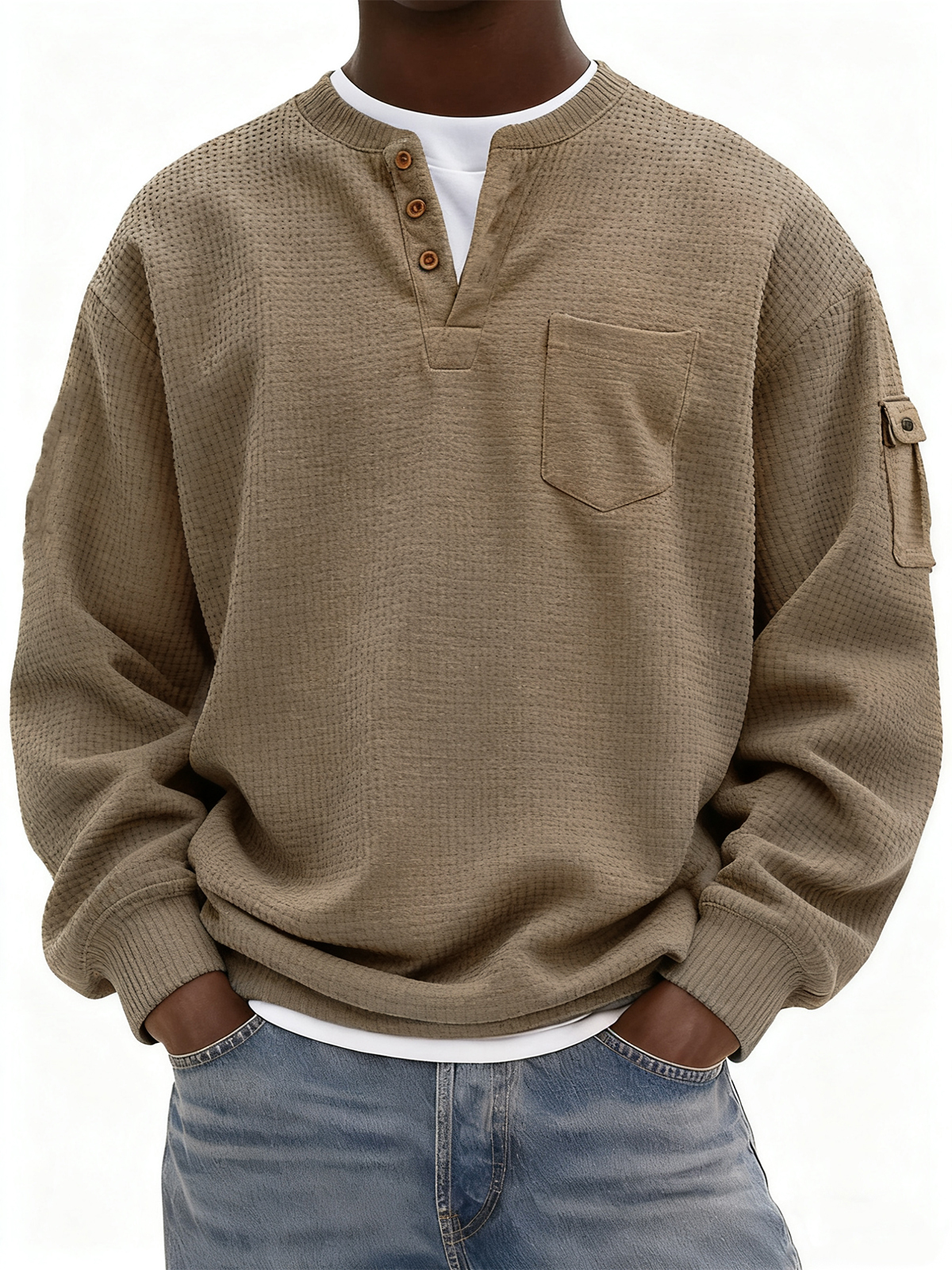 Men's Waffle Knit Henley with Pockets
