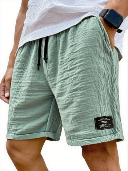 Men's Wrinkled Linen Breathable Resort Casual Embroidered Label Shorts