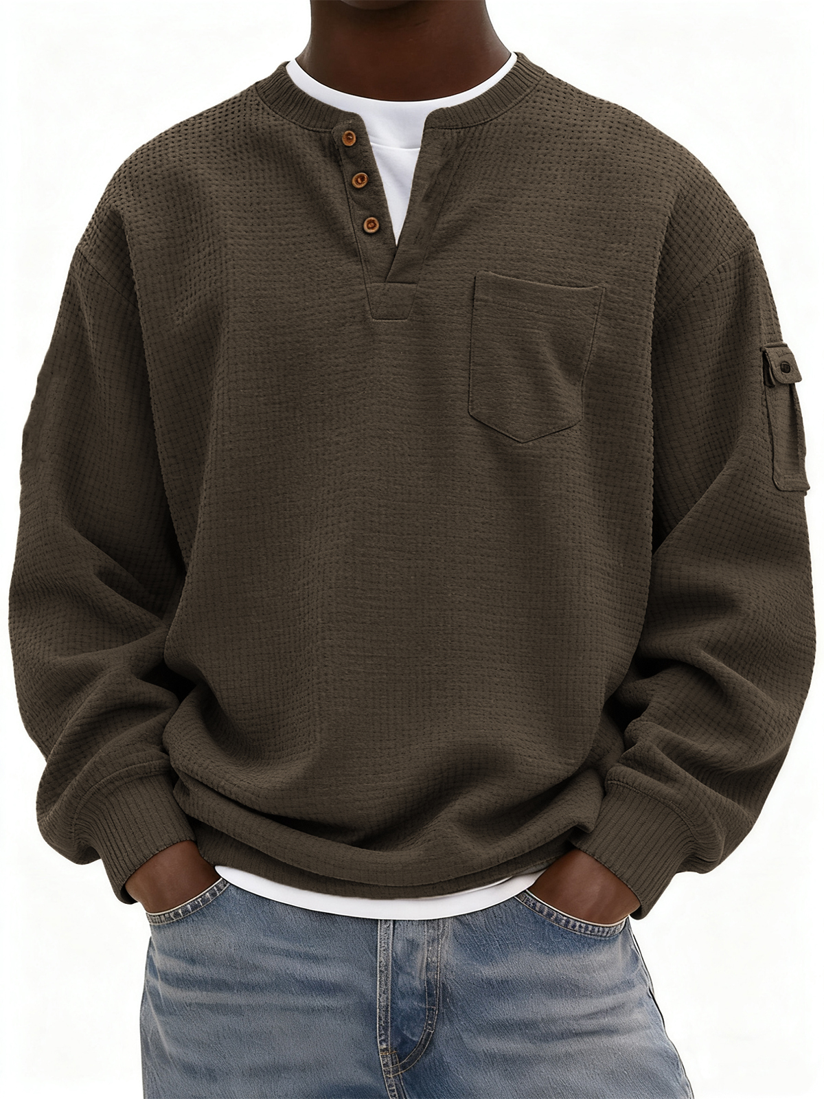 Men's Waffle Knit Henley with Pockets