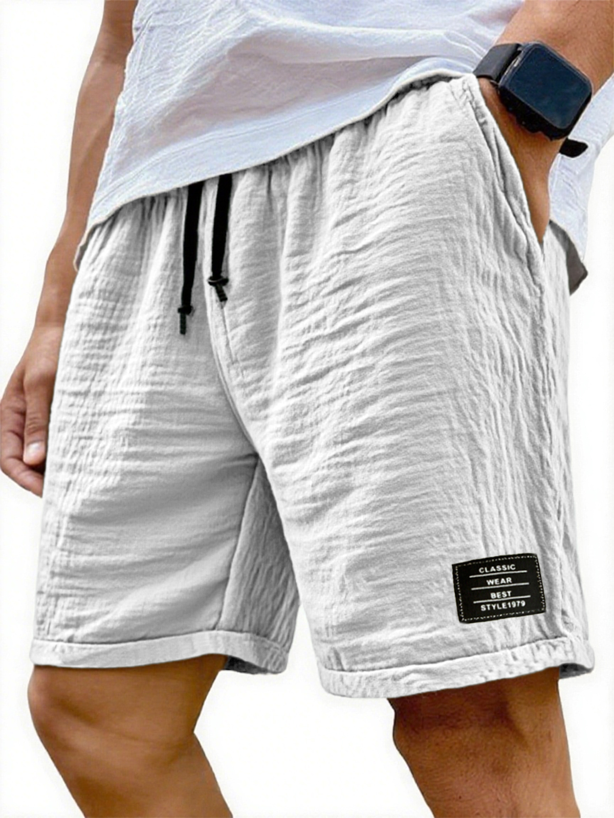 Men's Wrinkled Linen Breathable Resort Casual Embroidered Label Shorts