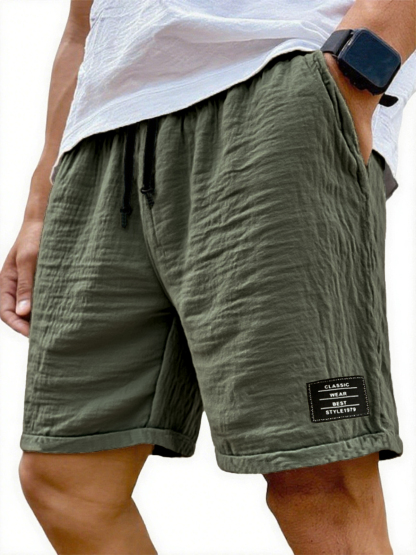 Men's Wrinkled Linen Breathable Resort Casual Embroidered Label Shorts