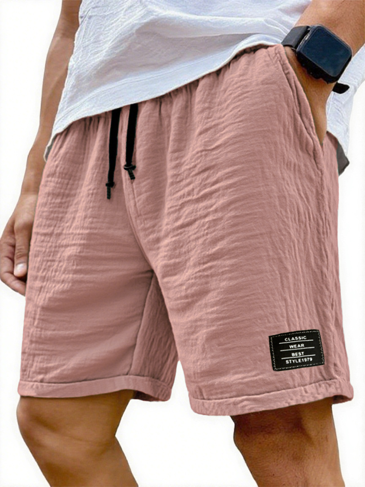 Men's Wrinkled Linen Breathable Resort Casual Embroidered Label Shorts