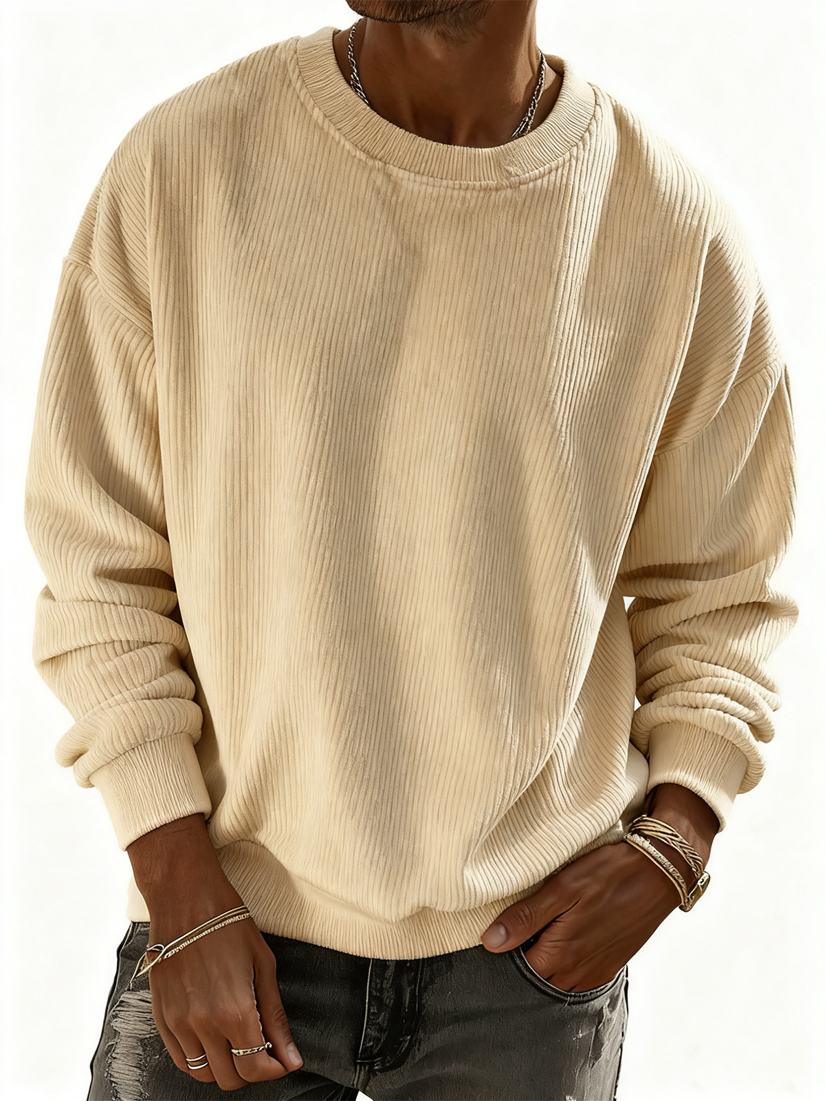 Men's Solid Color Corduroy Striped Pullover Sweatshirt