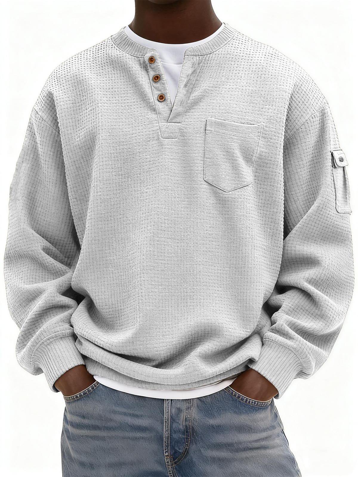 Men's Waffle Knit Henley with Pockets