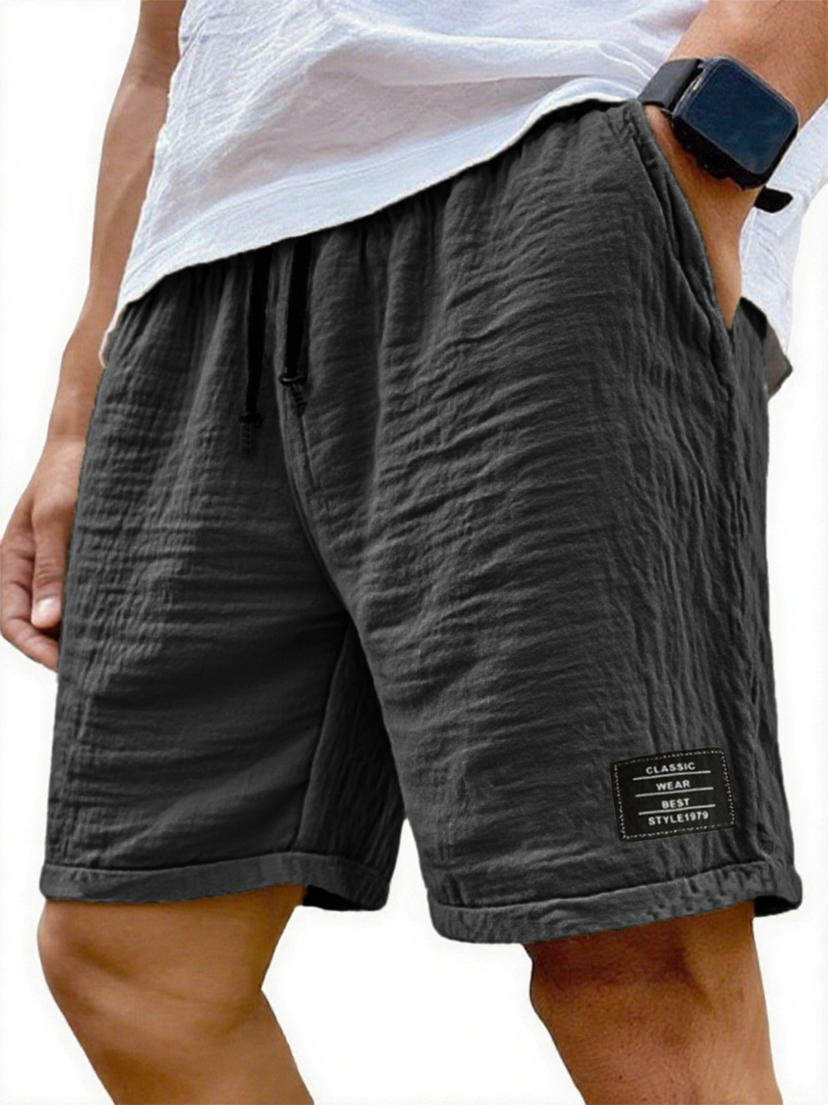 Men's Wrinkled Linen Breathable Resort Casual Embroidered Label Shorts