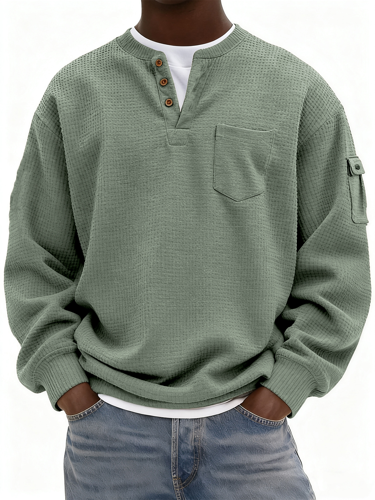 Men's Waffle Knit Henley with Pockets