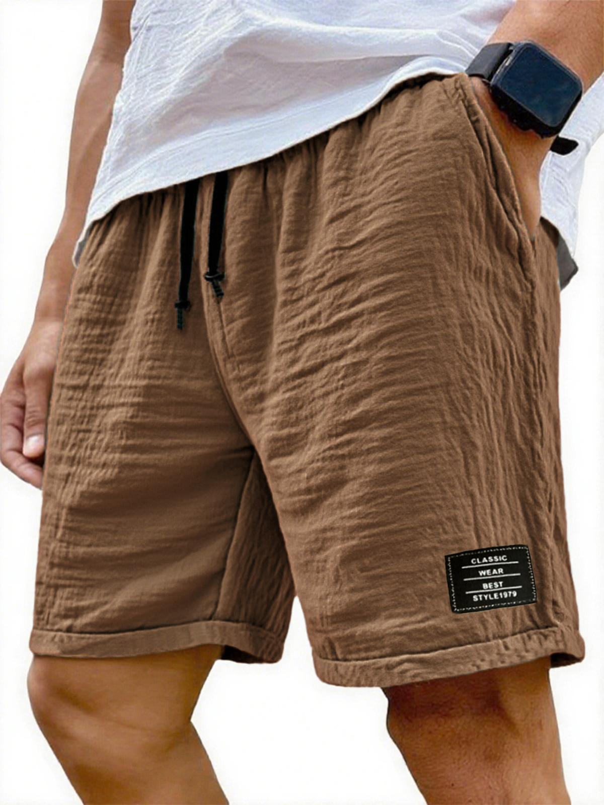 Men's Wrinkled Linen Breathable Resort Casual Embroidered Label Shorts