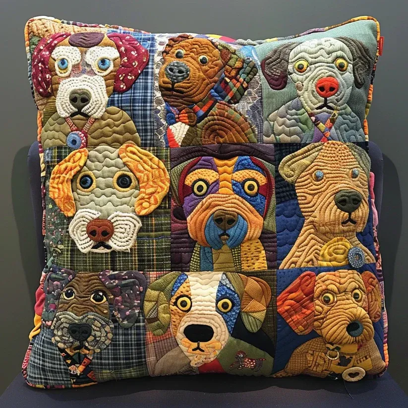 Quirky Dog Collage Quilted Pillow