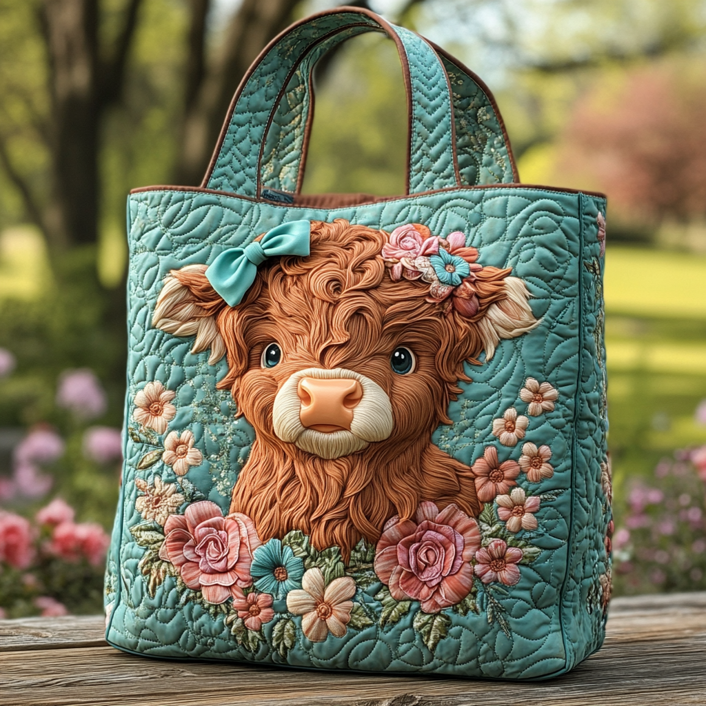 Highland Cow Bloom Quilted Tote  Bag