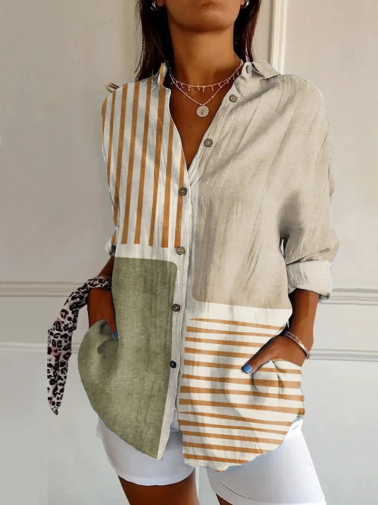 WOMEN'S ABSTRACT LINE COTTON LINEN SHIRT