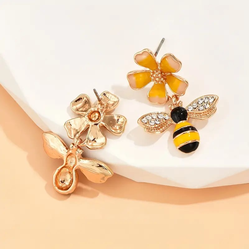 Elegant Enamel Flower Bee Earrings