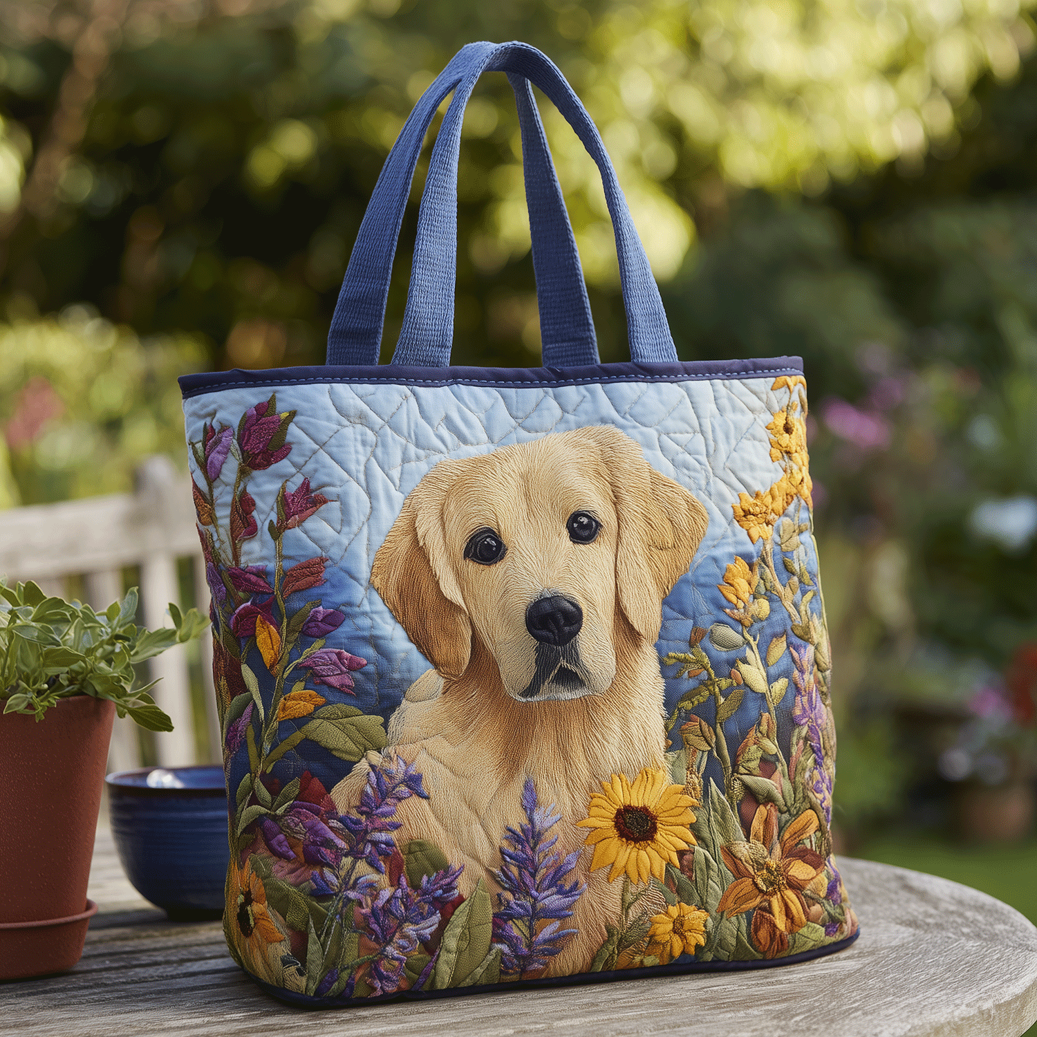 Floral Retriever Quilted Tote Bag